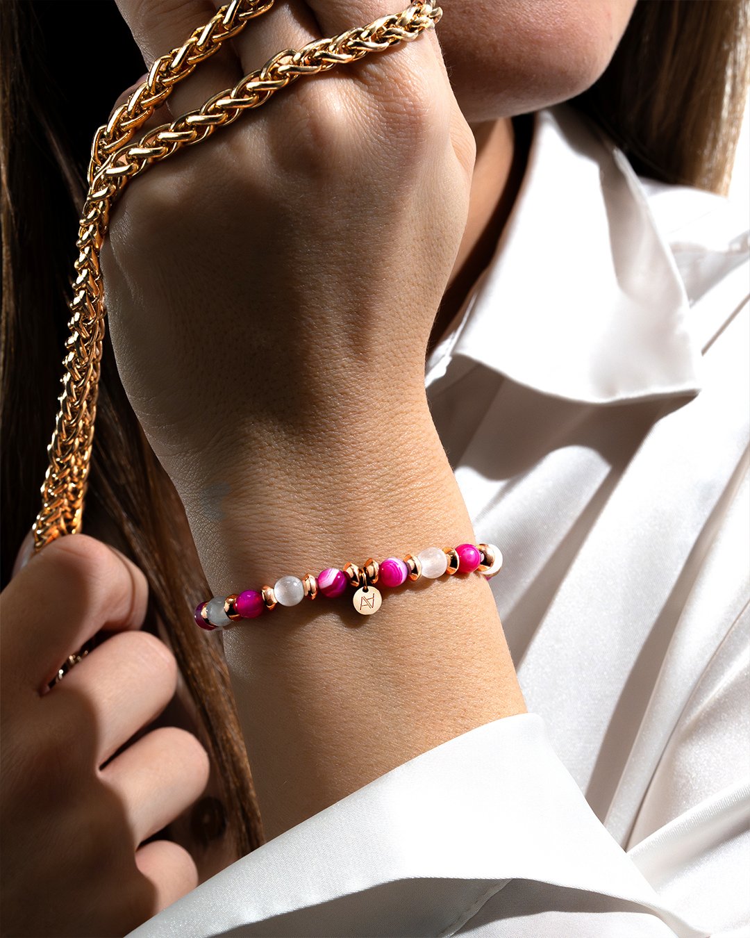 Armband rosa Achat und Selenit.Wohlwollen in Beziehungen