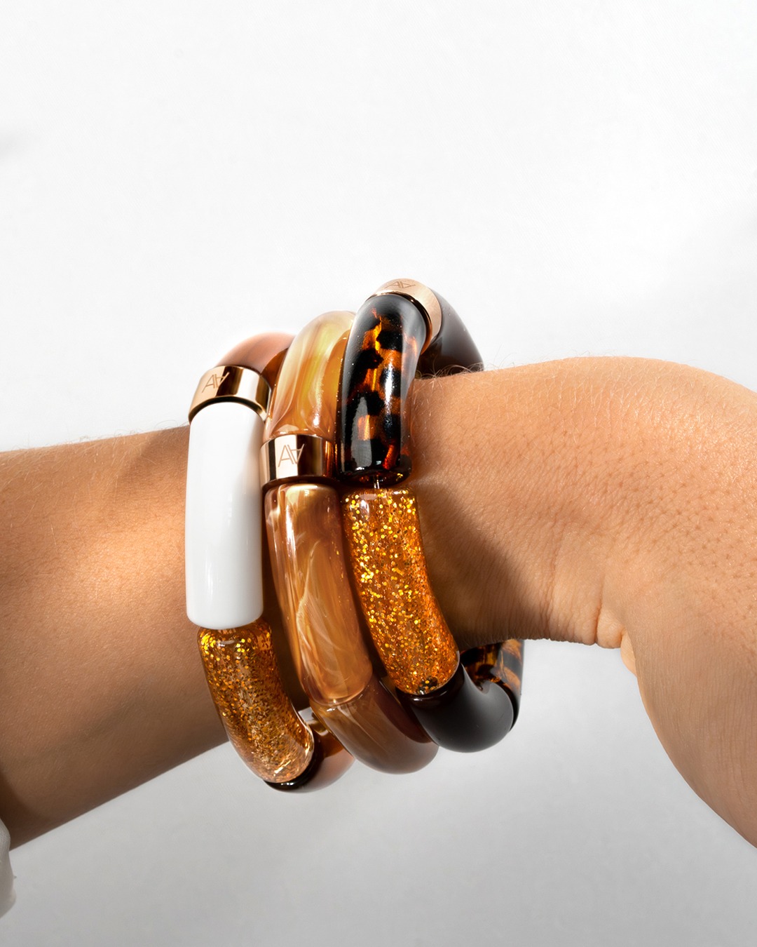 Armband Herbstlichter Bernstein, Glitzer, Olivgrün, Weiß und marmoriertes Beige Aliano